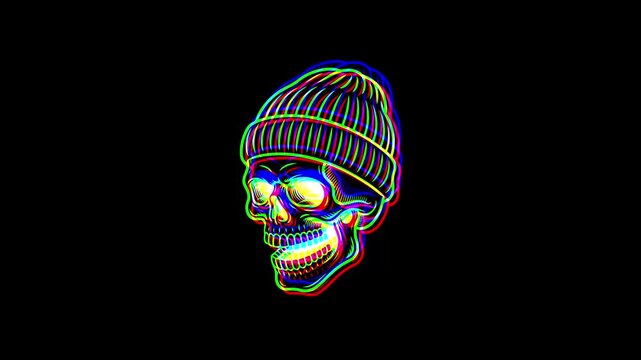 Animated skull wearing a simple winter beanie hat, featuring a vibrant digital glitch effect, chromatic aberration, and RGB color shifts on a black background.