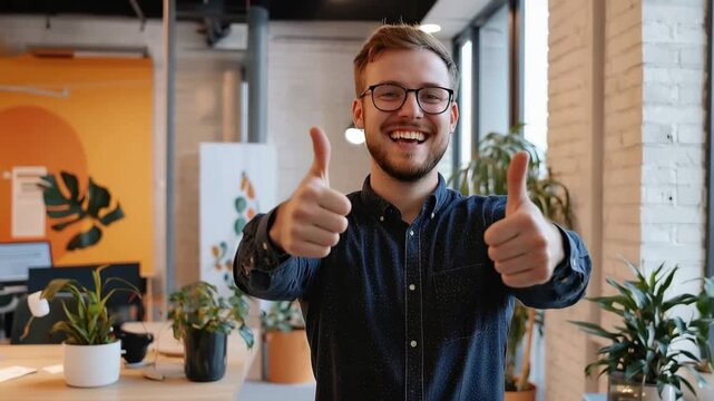 Thumbs Up: A confident individual with a bright smile gives a double thumbs-up, radiating positivity and optimism in a modern office environment.
