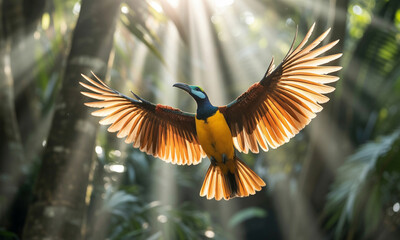 Fototapeta premium Bird in flight, colorful tropical bird with outstretched wings