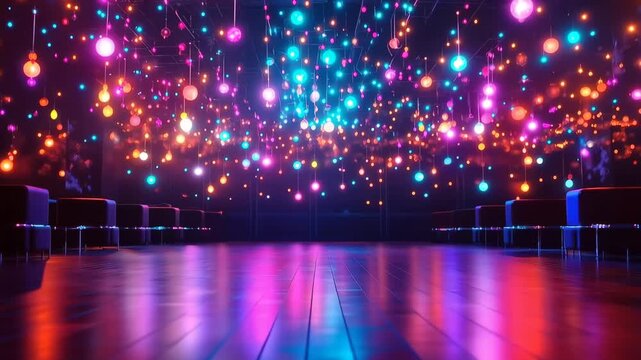 Glowing Orb Display: An immersive perspective of a room filled with brilliant, multicolored orbs and a polished, reflective floor, creating a vibrant, luminous ambiance. 