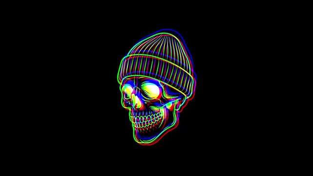 Animated skull wearing a simple winter beanie hat, featuring a vibrant digital glitch effect, chromatic aberration, and RGB color shifts on a black background.