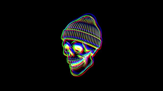 Animated skull wearing a simple winter beanie hat, featuring a vibrant digital glitch effect, chromatic aberration, and RGB color shifts on a black background.