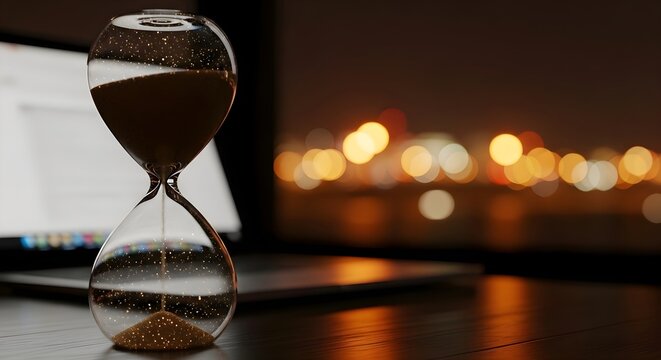 Business Time Management: Hourglass on desk with laptop and bokeh city lights, deadline pressure, productivity and work life balance concept