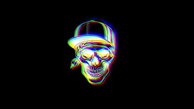 Animated skull wearing a baseball cap and a face bandana, featuring a heavy digital glitch effect, chromatic aberration, and RGB color shifts on a black background.