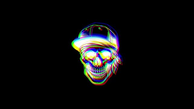 Animated skull wearing a baseball cap and a face bandana, featuring a heavy digital glitch effect, chromatic aberration, and RGB color shifts on a black background.