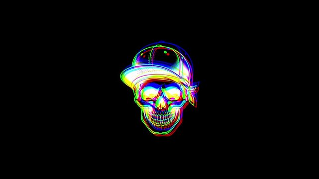 Animated skull wearing a baseball cap and a face bandana, featuring a heavy digital glitch effect, chromatic aberration, and RGB color shifts on a black background.