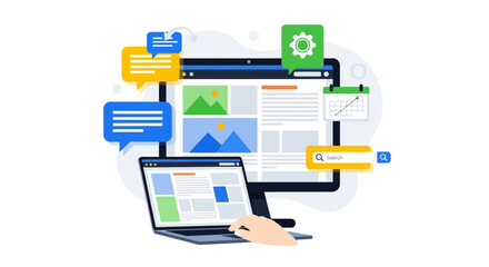 User browsing internet with floating digital marketing icons