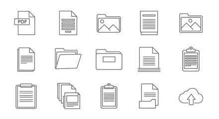A comprehensive set of outline icons depicting various digital documents, files, folders, clipboards, and cloud storage, suitable for user interfaces and web design.