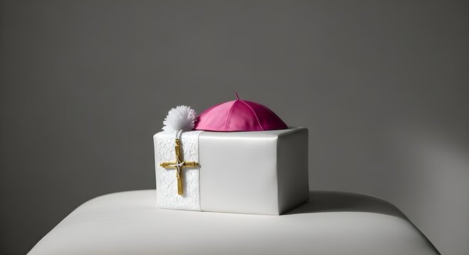 Catholic Bishop Accessories: Pink zucchetto on white box with gold crucifix and lace, religious ceremony, church leadership and ordination concept