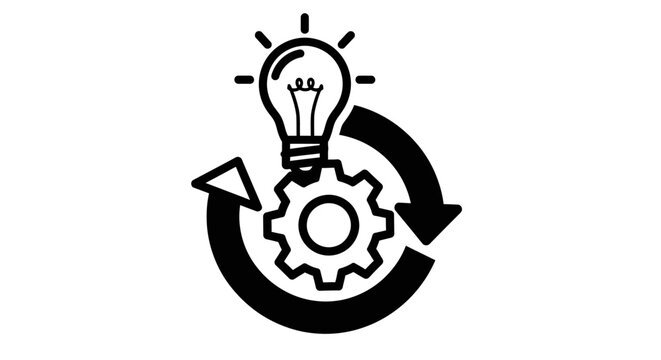 An icon representing the continuous process of innovation and development, featuring a light bulb, a gear, and circular arrows.