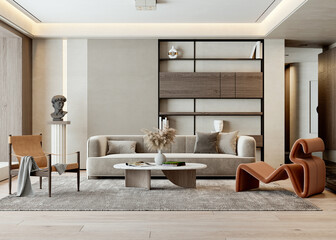 Naklejka premium Large luxury modern bright interiors Living room mockup illustration 3D rendering Generated Color Image