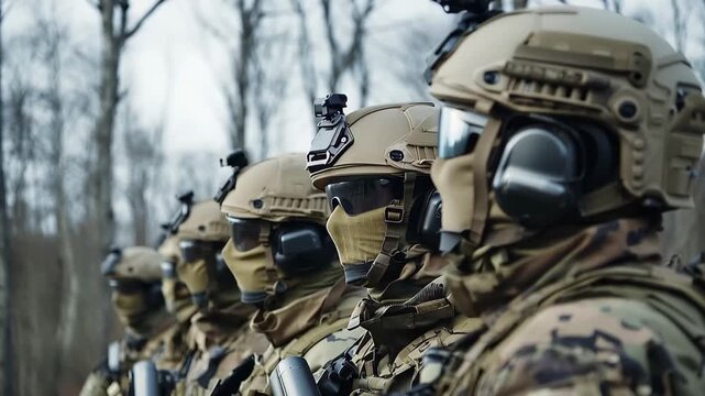 Elite Squad at Attention: A regimented line of battle-ready soldiers, fully equipped in tactical gear, stands in a forest setting, showcasing discipline, readiness, and unified focus.