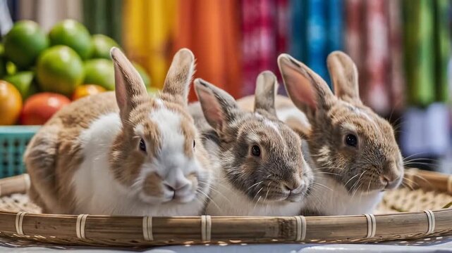 Cute Rabbits in Cages and on a Basket at a Market.