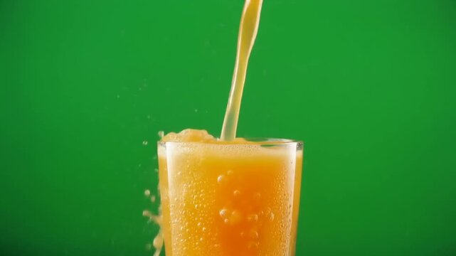 Orange juice pouring into glass with splash on green screen