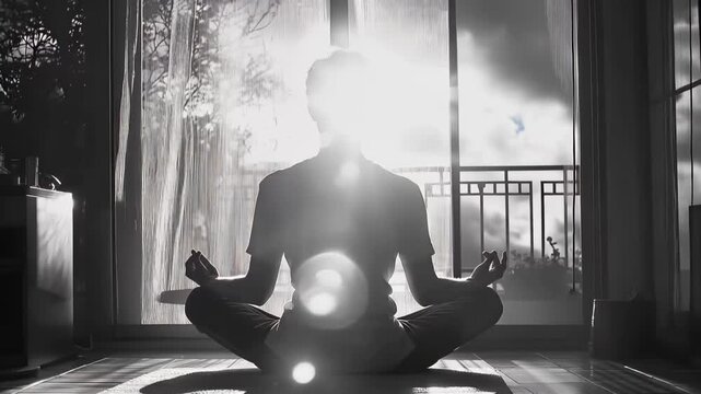 Serene Sunlight Meditation: A person finding inner peace, bathed in the soft glow of sunlight, embodying tranquility and mindfulness.