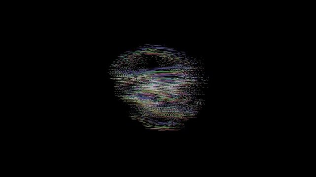 Animated skull wearing a newsboy flat cap while smoking a cigarette with a vibrant digital glitch effect, chromatic aberration, and RGB shifts on a black background.
