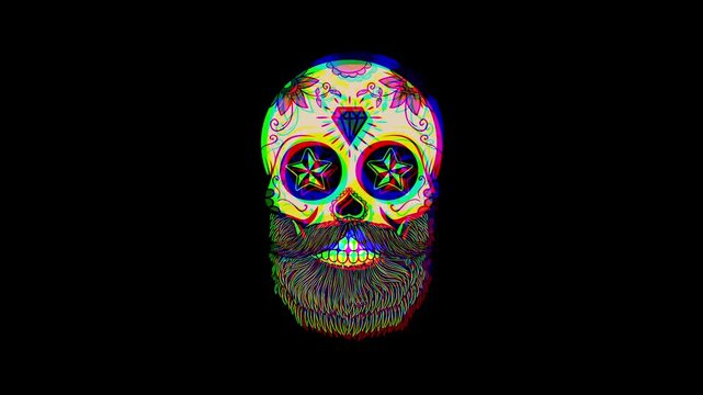 Animated bearded skull decorated with sugar skull patterns, stars in eyes, and a diamond on the forehead, featuring a vibrant digital glitch effect on a black background.