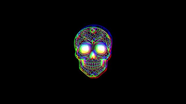 Intricately detailed sugar skull with ornate floral patterns and a small cross on the forehead, featuring a vibrant digital glitch effect on a solid black background.