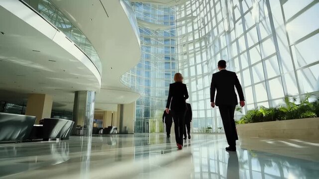 Corporate Journey: A modern architectural marvel with its expansive glass facade and sleek design sets the stage for a group of business executives. As they walk in.