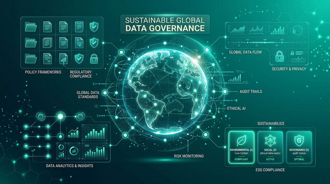 Sustainable global data governance digital earth policy frameworks regulatory compliance data standards security privacy analytics risk monitoring audit trails ethical AI