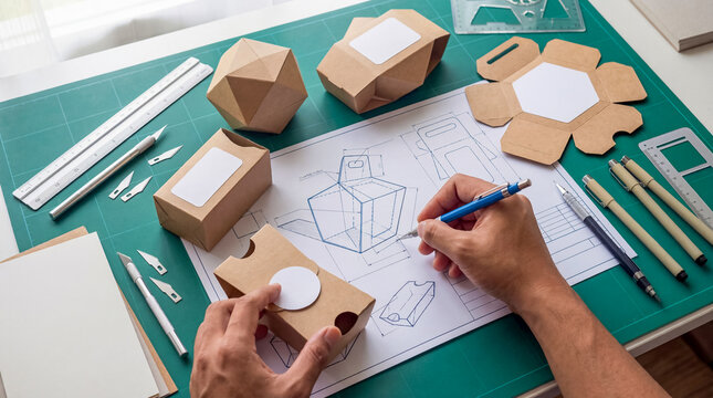 Designer working on packaging prototypes and blueprints with drafting tools and craft supplies