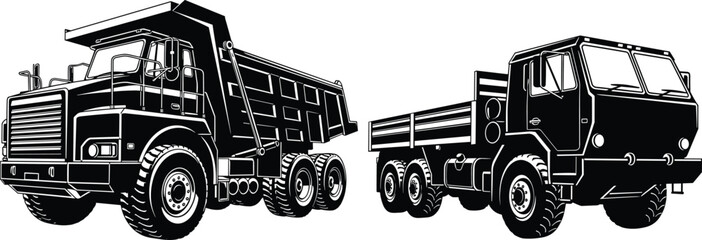 Black and white vector illustration of heavy duty dump trucks and cargo transport vehicles isolated industrial construction transport concept design © Polash