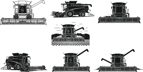 Combine harvester agricultural machinery collection harvesting wheat crops on farmland farming equipment black vector illustration isolated set © Polash