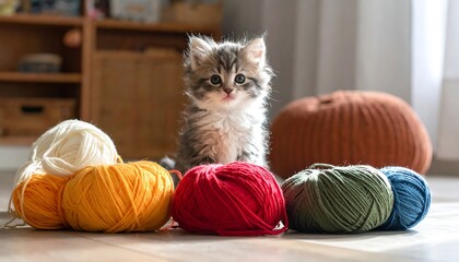 Tiny, fluffy kitten with balls of colorful yarn on a wooden floor, bathed in soft light near a window