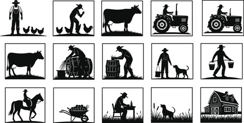 Farm life silhouettes collection with farmer tractor cow chickens horse barn and rural agriculture scenes black vector illustration set © Polash