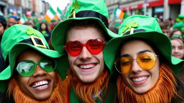 Cheerful group of friends wearing green hats funny orange beards celebrating St. Patrick&rsquo;s Day during lively city parade, smiling people enjoying festive street atmosphere Irish flags holiday spirit