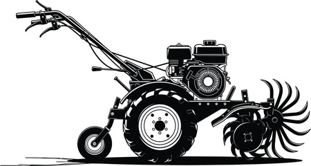 Walk behind tractor cultivator machine for soil tillage gardening and farming agricultural equipment black vector illustration isolated © Polash