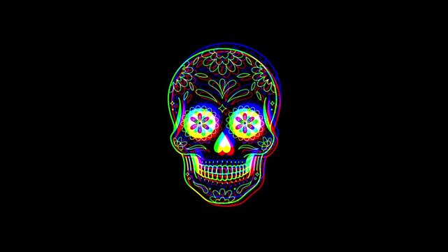 Intricately detailed sugar skull with ornate floral patterns and a small cross on the forehead, featuring a vibrant digital glitch effect on a solid black background.