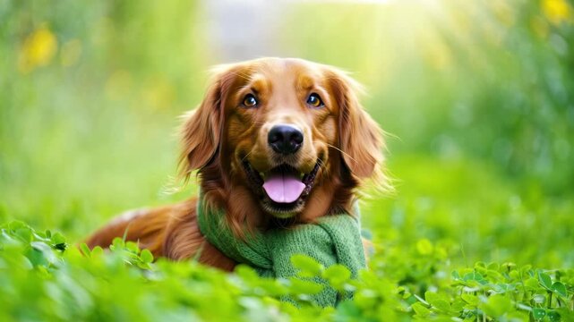 Happy irish dog in green clover field, st patricks day pet portrait, festive shamrock meadow, spring sunlight celebration, lucky charm canine, emerald grass background, holiday costume scarf