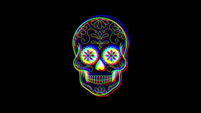 Intricately detailed sugar skull with ornate floral patterns and a small cross on the forehead, featuring a vibrant digital glitch effect on a solid black background.