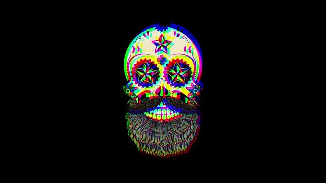 Animated bearded skull decorated with sugar skull patterns, stars in eyes, and a diamond on the forehead, featuring a vibrant digital glitch effect on a black background.