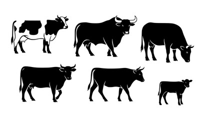 Farm Cattle Cow and Bull Silhouette Icon Collection