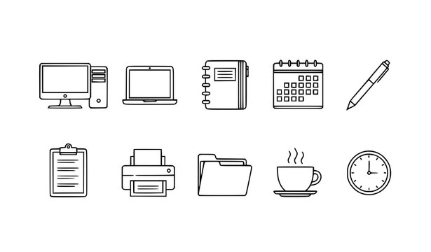Minimal thin line office and productivity icon set for web, app, and UI vector design