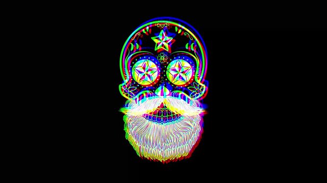 Animated bearded skull decorated with sugar skull patterns, stars in eyes, and a diamond on the forehead, featuring a vibrant digital glitch effect on a black background.