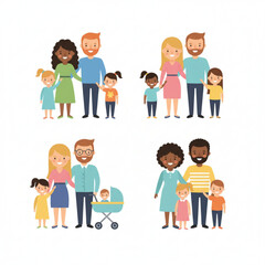 Fototapeta premium Happy Family Characters Set with Parents and Children Flat Cartoon Vector Illustration