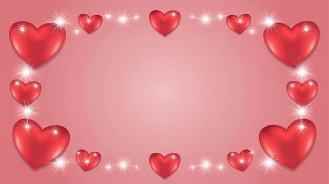 A pink background with a border of red hearts and sparkles