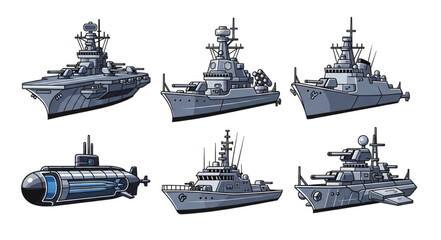 Set of Navy Warships and Submarine. © Junta