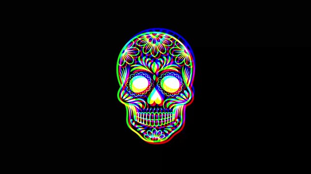 Intricately detailed sugar skull with ornate floral patterns and a small cross on the forehead, featuring a vibrant digital glitch effect on a solid black background.