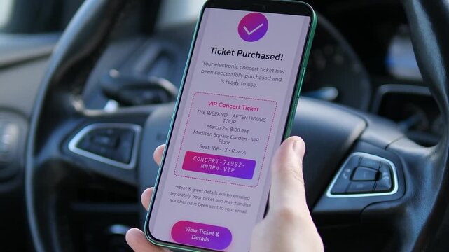Close-up of a person holding a smartphone in a car, showing a successful VIP concert ticket purchase confirmation. High-quality footage illustrating digital ticketing, mobile commerce, and modern