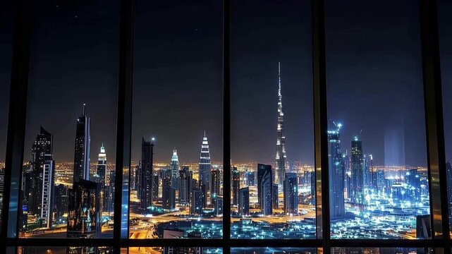 City Skyline Through the Window: A breathtaking nocturnal view of a modern cityscape, showcasing a forest of illuminated skyscrapers under the vast night sky.