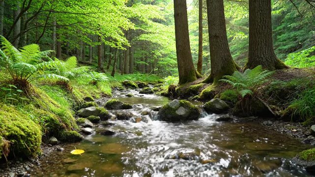 A serene forest scene with a gentle stream flowing through, surrounded by lush greenery and tall trees