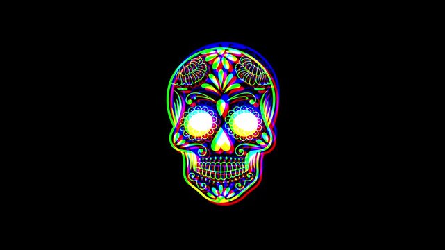Intricately detailed sugar skull with ornate floral patterns and a small cross on the forehead, featuring a vibrant digital glitch effect on a solid black background.