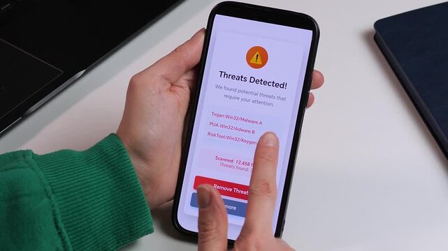 Mobile Antivirus App Detecting Malware Threats. Urgent cybersecurity warning on a mobile phone interface. Detailed view of detected adware and risk tools. Ideal for tech news, hacking reports, and