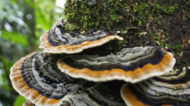 Vibrant Fungus in the Forest: Close-up capture of colorful fungi thriving on a moss-covered tree trunk, showcasing the intricate patterns and textures found in nature's hidden world.