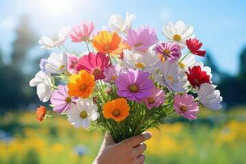 Fototapeta premium Hand holding a vibrant bouquet of cosmos flowers against a sunny, blue sky in a field
