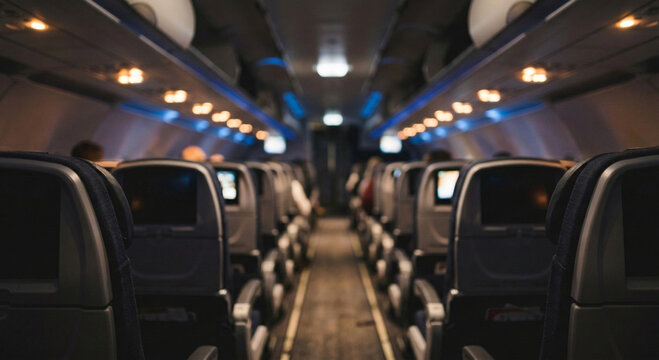 Empty flight cabin aisle interior detail